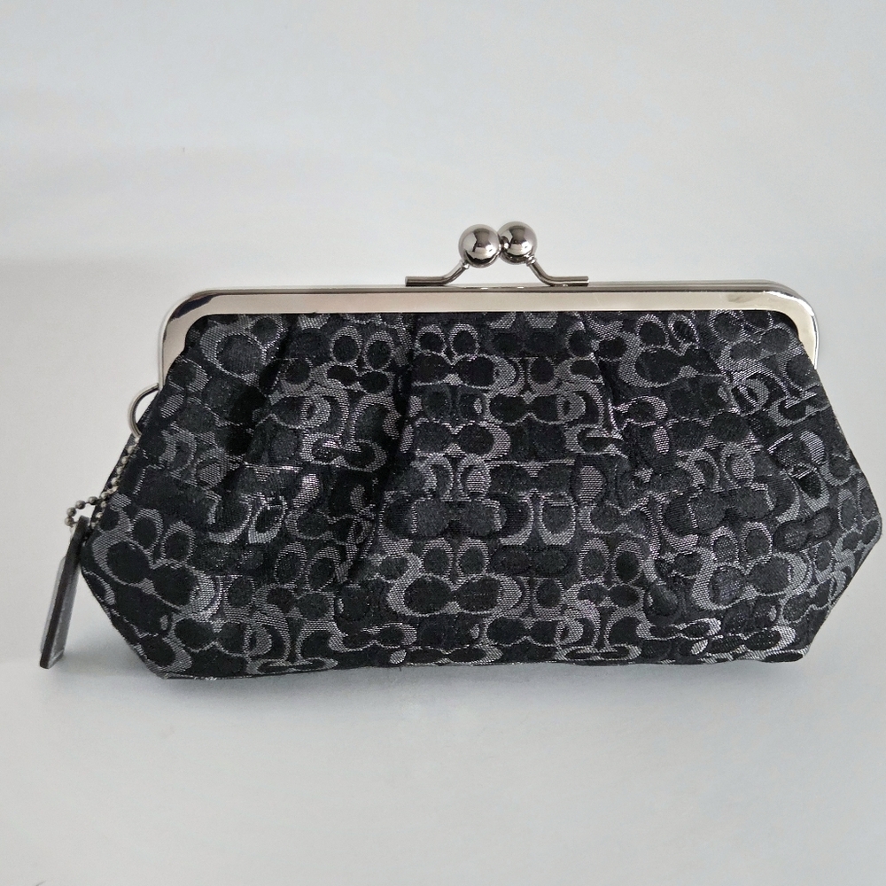 Coach Y2K Signature Optic Kisslock Clutch Black Shimmer Monogram Bag Vintage - Picture 2 of 8